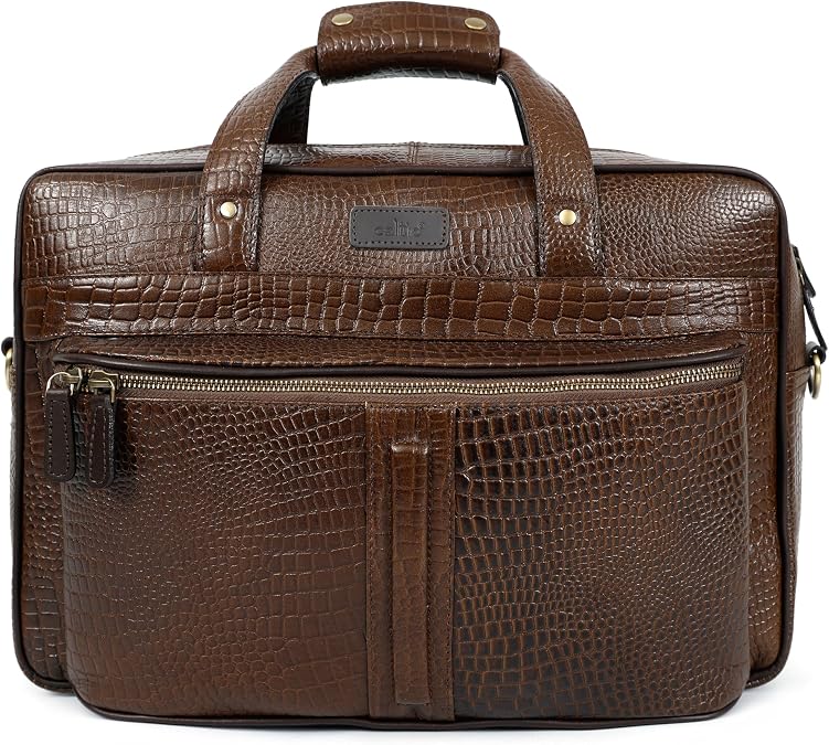 Celtic Premium Croc-Embossed Leather Office Laptop Bag with Multiple Zip Pockets & Strap