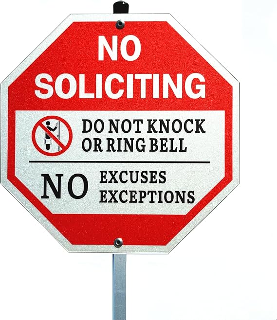 No Soliciting Sign for House - 10x10 Inch, 40 Mil Rustproof Aluminum, Weatherproof, Reflective, with 28-Inch Stake - Do Not Knock or Ring Doorbell Sign for Front Door and Property Protection