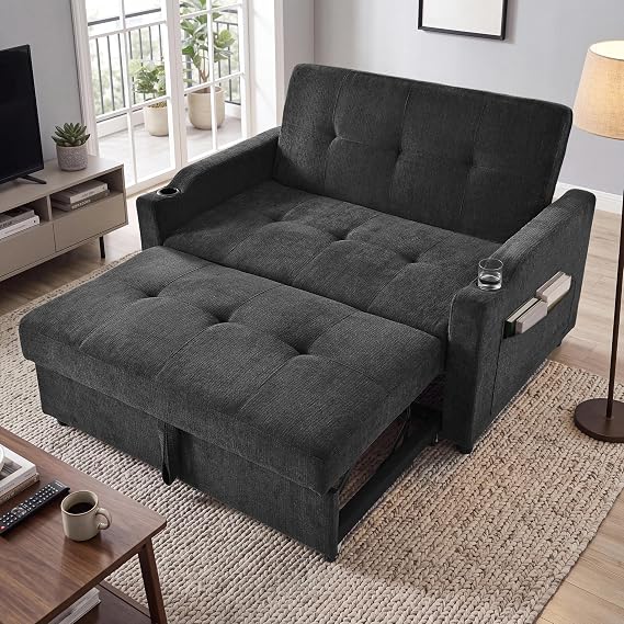2 Seater Sofa Bed, Pull Out Sleeper Sofa, Dark Grey