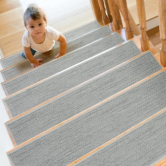 SMILOOL Stair Treads Non Slip for Wooden Steps Indoor 7 Pack 8" X 30" Carpet Stairs Runner for Wood Stairs, Stair Tread Rugs with Reusable Adhesive for Dogs Kids Elders, Machine Washable, Light Grey