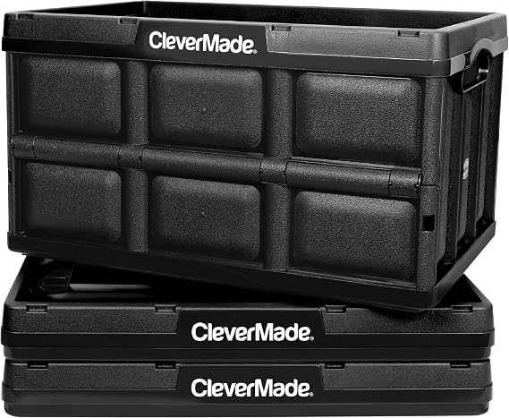 CleverMade Collapsible Storage Bins - Black 3 Pack 32L - Stackable Containers Heavy Duty Capacity Folding Crates - Space-Saving for Home