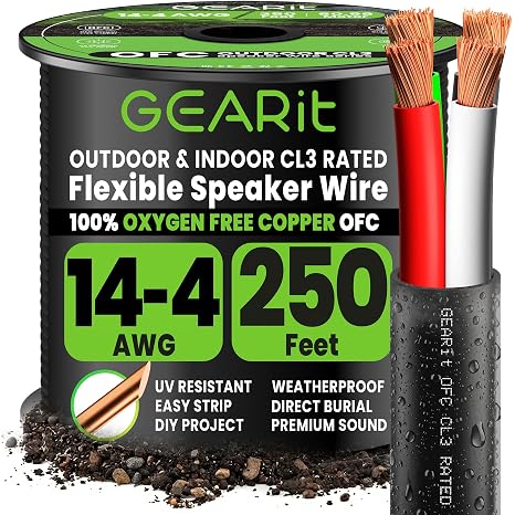 GEARit Outdoor Speaker Wire 14 Gauge,OFC Speaker Cable 250FT UL CL3 Rated