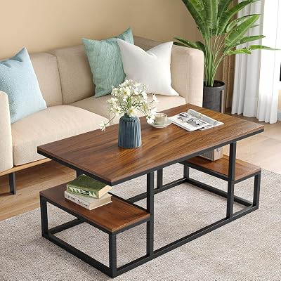 Raybee Modern Coffee Table with Wheels, Wooden Center Table with Storage Shelves, Cocktail Table with Metal Frame, Sturdy Tea Table for Living Room, Walnut End Table, Side Table, Rectangular