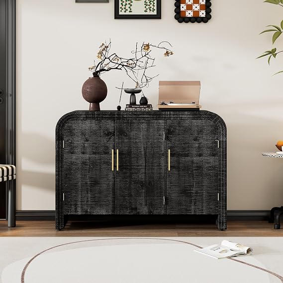 47.2'' Black Sideboard Buffet Cabinet with Storage & Adjustable Shelf for Living Room, Modern Mid-Century Retro Wood Buffet Cabinet with Curved Edge for Kitchen Dining Room, Black