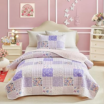 Joyreap Twin Size Quilt Set for Girls, Pink n Purple Floral Patchwork Design, 2 Pieces Soft n Cozy Microfiber Quilt, Bedspread Bed Cover for All Season- 68x88 inches