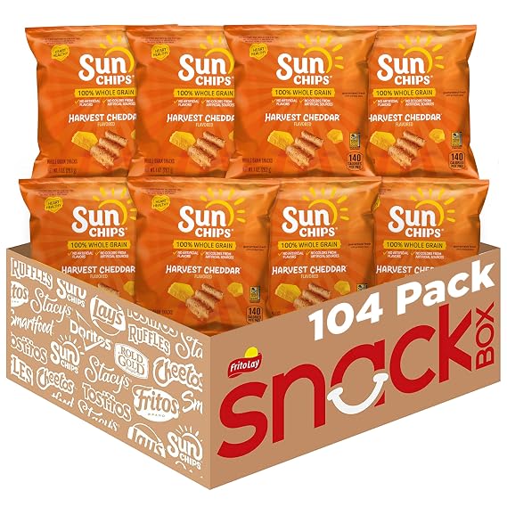 SunChips 100% Whole Grain Chips, Harvest Cheddar, 1 oz Bags, Pack of 104, No Artificial Flavors, No Colors from Artificial Sources