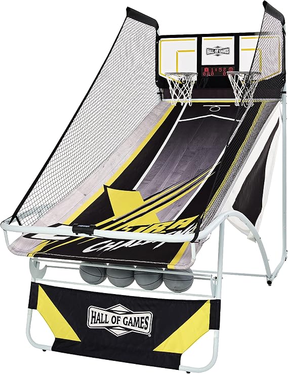 Hall of Games Xtra Long Shot EZ-Fold Premium Arcade Basketball Game with Built-in 4-Ball Storage Rack, Pop Off with The Perfect Basketball Game