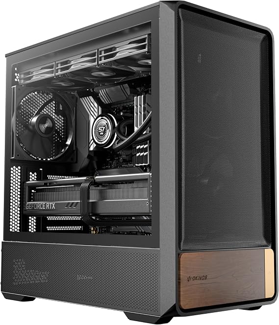 Okinos Air Cross, Genuine Walnut Wood ATX Case, 3140mm PWM Fan & 2x120mm Reverse PWM Fan Pre-Installed, Airflow Optimized Mesh Panels, Back-Connect Motherboard Compatible, Mid Tower PC Case, Type C