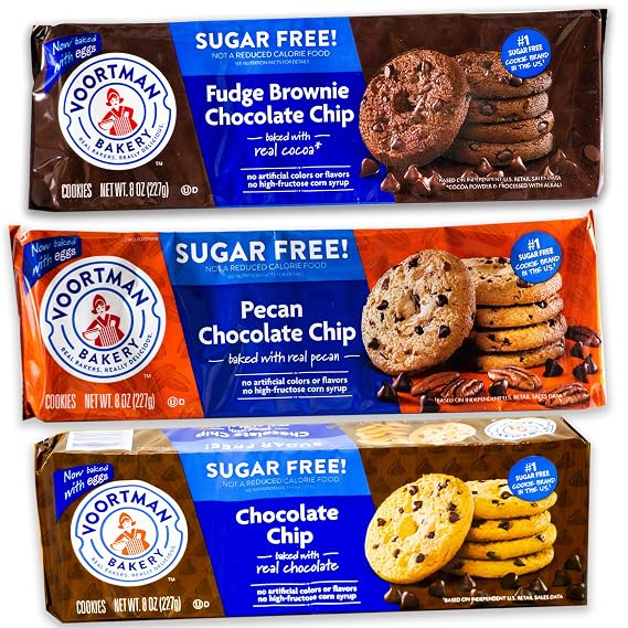 Voortman Sugar Free Cookies - Variety Pack - Chocolate Chip (1, 8oz pack) - Fudge Brownie Chocolate Chip (1, 8oz pack) - Pecan Chocolate Chip (1, 8oz pack) - 3 Packs Total
