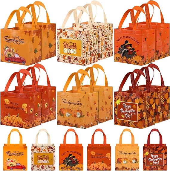 18-Piece Fall Party Gift Bags with Handles - Turkey, Pumpkin, Reusable Grocery Bags for Thanksgiving Day & Party Favors