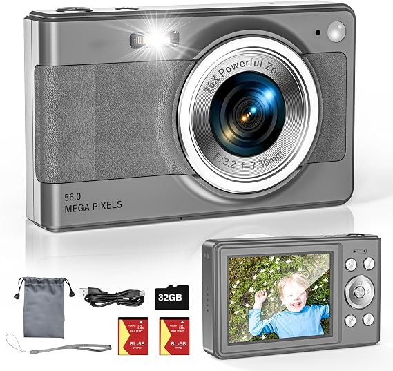 Upgrade Digital Camera, 56MP FHD 1080P Camera for Kids with 16x Zoom Anti Shake, Kid Camera with 32GB TF Card, Two Batteries, Lanyard, Compact Small Camera for Kids Boys Girls(Gray)