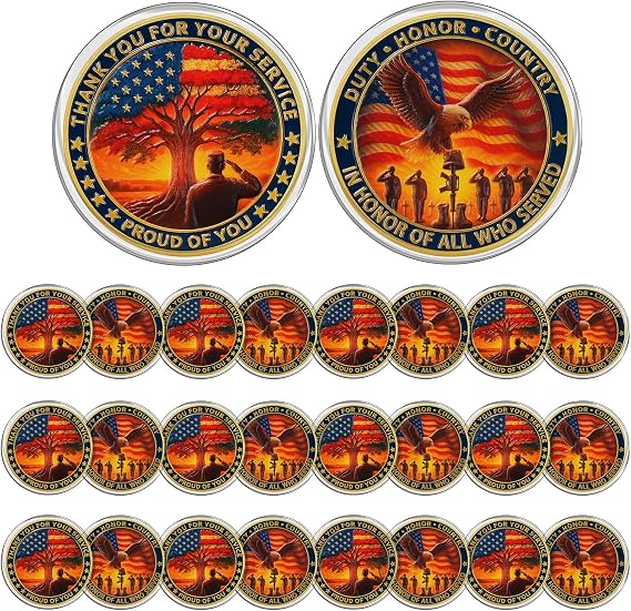 CHURYUML 24Pcs Military Veterans Challenge Coins Set - Thank You for Your Service Medallions, Veterans Day Gifts Military Appreciation Gifts for Men Women Army Soldiers in Honor of All Who Served