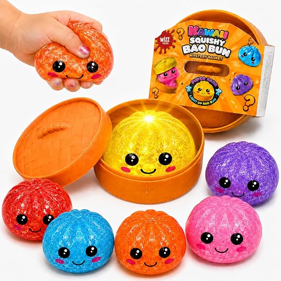 Glitter Mini Squishy Dumpling 5cm - 1x Random Mystery Surprise Slow Rising Bao Bun Dumpling, Yellow Glitter Super Rare Light-Up Viral Dumpling, Fidget Toys for Kids 3+
