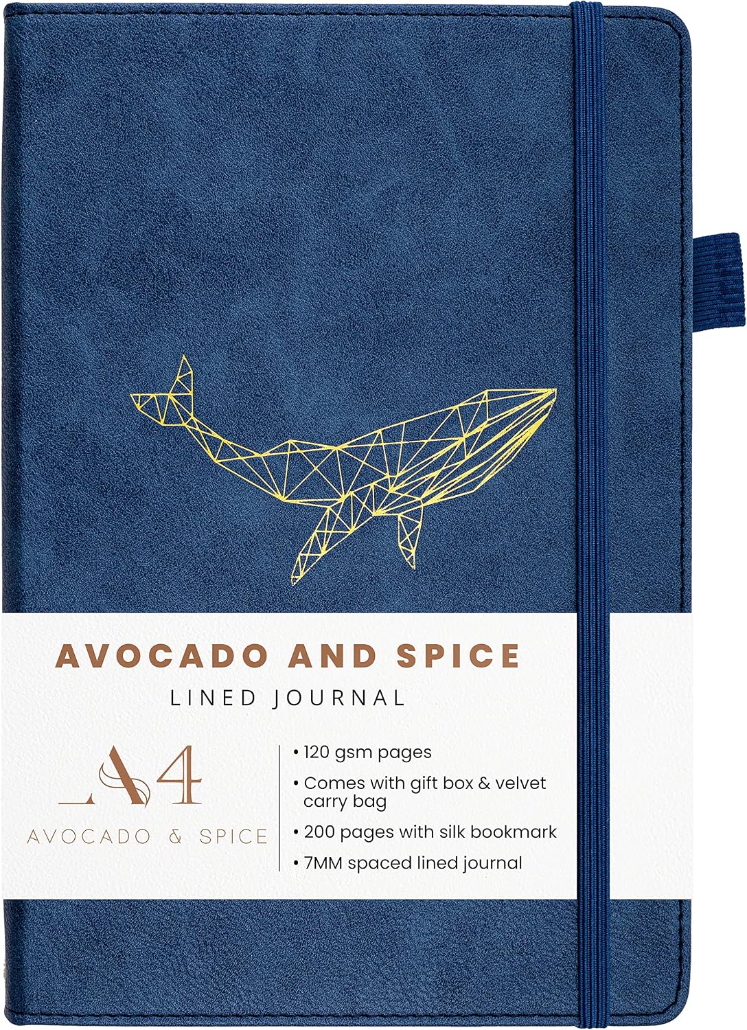 Notebook A4 Lined Journal by Avocado and Spice® with Gift Box &amp; Velvet Bag – Notepads A4 Hardback - Travel Journal - 200 Thick Pages (Blue, Lined)