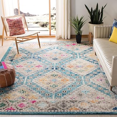 SAFAVIEH Area Rug 8x10 - Madison Collection - Large - Dark Blue & Yellow, Boho Diamond Distressed Design, Non-Shedding & Easy Cleaning, Ideal for Living Room, Bedroom, Office, Dining Space MAD418N
