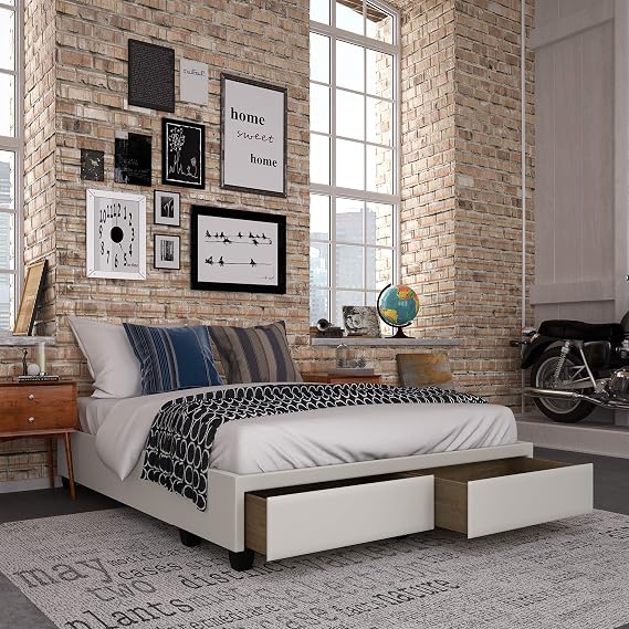 Boyd Sleep Parma Upholstered Platform Bed Frame Mattress Foundation with Dual Front Storage Drawers and Strong Wood Slat Supports: Button Tufted Faux Leather, White, Queen