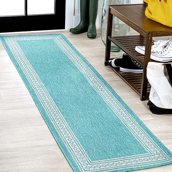 JONATHAN Y Diamond Border Indoor Outdoor Runner Rug 2X8 Aqua/Light Gray, Lucia Classic for Backyard, Patio, Porch, Easy-Cleaning, High Traffic, Pet-Friendly, Non-Shedding (SMB207D-28)