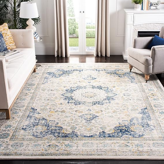 SAFAVIEH Area Rug 8x10 - Evoke Collection - Large - Ivory & Blue, Shabby Chic Oriental Medallion Design, Non-Shedding & Easy to Clean, Ideal for Living Room, Bedroom, Dining Space (EVK220C)