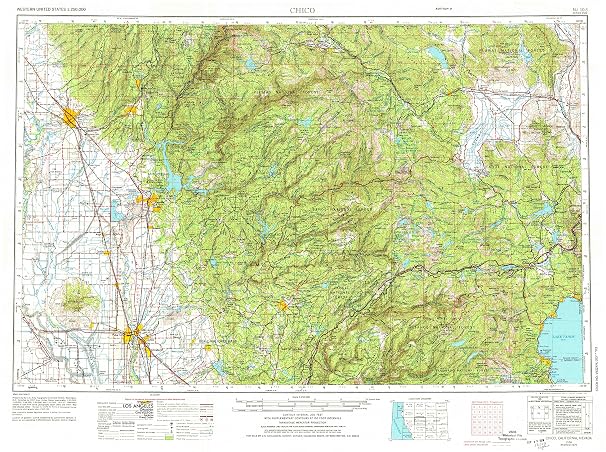 YellowMaps Chico CA topo map, 1:250000 Scale, 1 X 2 Degree, Historical, 1958, Updated 1974, 22 x 29.4 in - Polypropylene